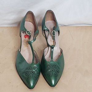 Vintage Pinup T Strap Heels Pumps Anderw Geller Green Beaded Design 4B
